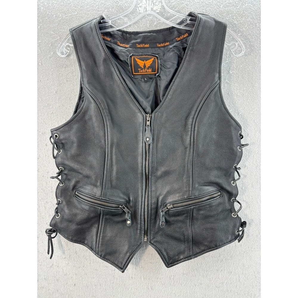 TackField Biker Vest Womens Large Black Leather Side Lace Zip Up Motorcycle